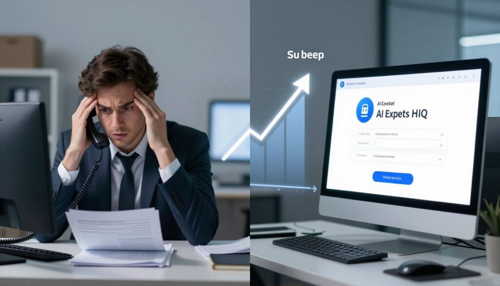 A split-screen comparison layout illustrating the ROI of an AI chatbot versus a human employee. On the left side, show a professional in business attire sitting at a desk with a computer, looking overwhelmed with paperwork and a phone. The background features a cluttered office environment. On the right side, depict a sleek computer screen displaying a friendly AI chatbot interface, symbolizing efficiency and modernity. The middle ground should highlight an upward-trending graph, indicating growth in leads and sales. Soft, cool lighting casts an optimistic mood, with a focus on the technological aspect of AI. Use a slight zoom lens effect to enhance the contrast between the two scenarios. Include elements like a subtle brand logo of "AI Experts HQ" integrated into the chatbot display, ensuring a professional tone throughout.